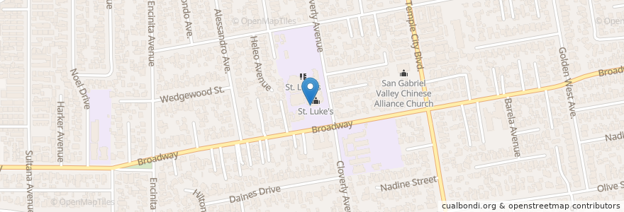 Mapa de ubicacion de Saint Lukes Catholic Church en アメリカ合衆国, カリフォルニア州, Los Angeles County, Temple City.