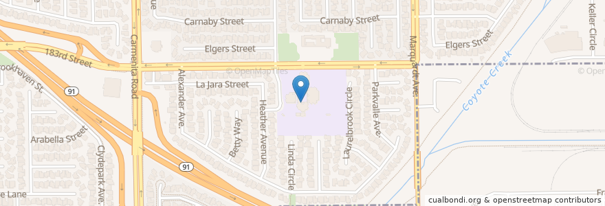 Mapa de ubicacion de Cerritos Elementary School en 美利坚合众国/美利堅合眾國, 加利福尼亚州/加利福尼亞州, 洛杉矶县, Cerritos.
