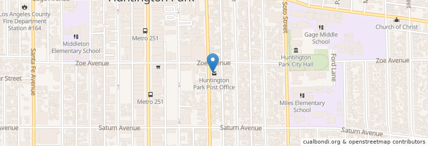 Mapa de ubicacion de Huntington Park Post Office en 미국, 캘리포니아주, Los Angeles County, Huntington Park.