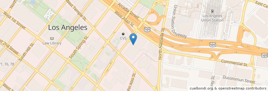 Mapa de ubicacion de Los Angeles Main Post Office en アメリカ合衆国, カリフォルニア州, Los Angeles County, ロサンゼルス.