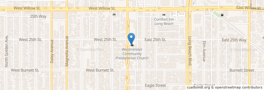 Mapa de ubicacion de Westminster Community Presbyterian Church en Estados Unidos Da América, Califórnia, Los Angeles County, Long Beach.