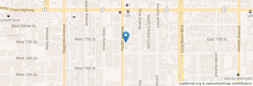 Mapa de ubicacion de Kingdom Hall of Jehovahs Witnesses en États-Unis D'Amérique, Californie, Los Angeles County, Long Beach.