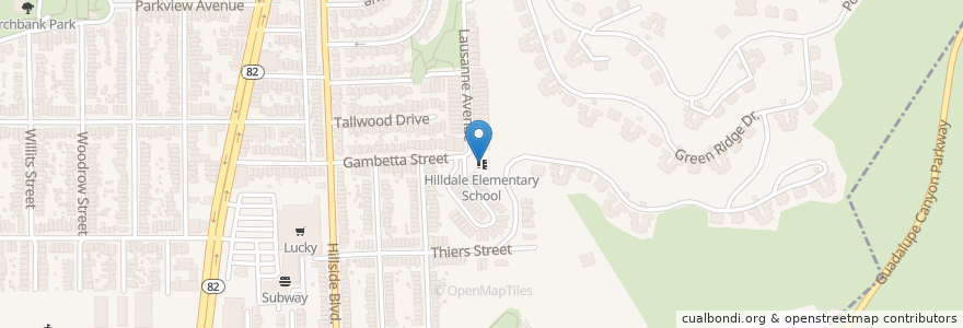 Mapa de ubicacion de Hilldale Elementary School en United States, California, San Mateo County, Daly City.