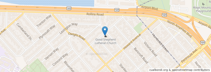 Mapa de ubicacion de Good Shepherd Lutheran Church en Соединённые Штаты Америки, Калифорния, San Mateo County, Burlingame.