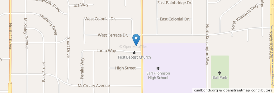 Mapa de ubicacion de First Baptist Playschool en アメリカ合衆国, カリフォルニア州, Kings County, Hanford.