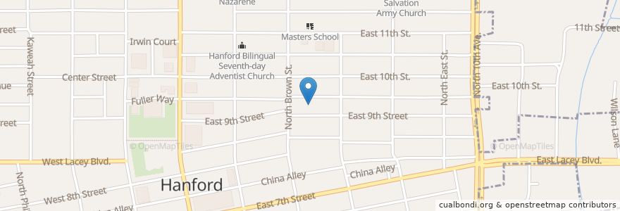 Mapa de ubicacion de Crossroads Christian Fellowship Church en 美利坚合众国/美利堅合眾國, 加利福尼亚州/加利福尼亞州, Kings County, Hanford.