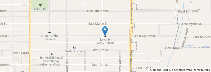Mapa de ubicacion de Salvation Army Church en 美利坚合众国/美利堅合眾國, 加利福尼亚州/加利福尼亞州, Kings County, Hanford.