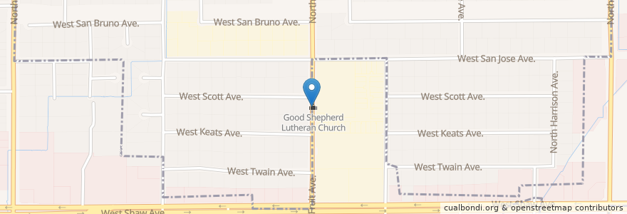 Mapa de ubicacion de Good Shepherd Lutheran Church en Соединённые Штаты Америки, Калифорния, Fresno County, Fresno.