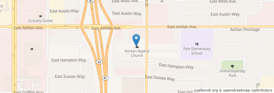 Mapa de ubicacion de Korean Baptist Church en Vereinigte Staaten Von Amerika, Kalifornien, Fresno County, Fresno.
