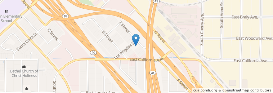 Mapa de ubicacion de Fresno Temple Church of God in Christ en アメリカ合衆国, カリフォルニア州, Fresno County, Fresno.