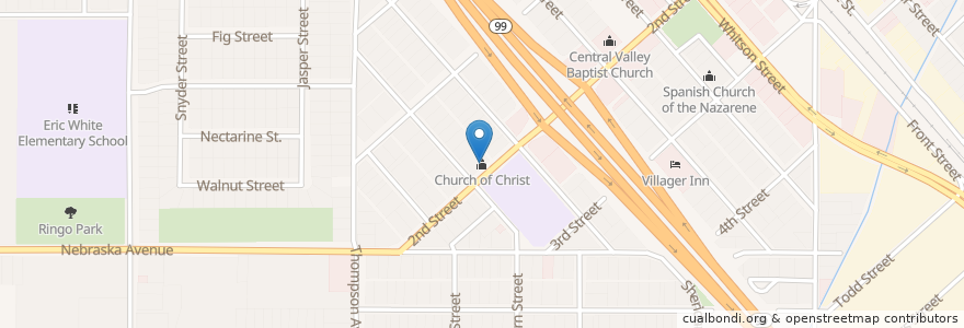 Mapa de ubicacion de Church of Christ en アメリカ合衆国, カリフォルニア州, Fresno County, Selma.