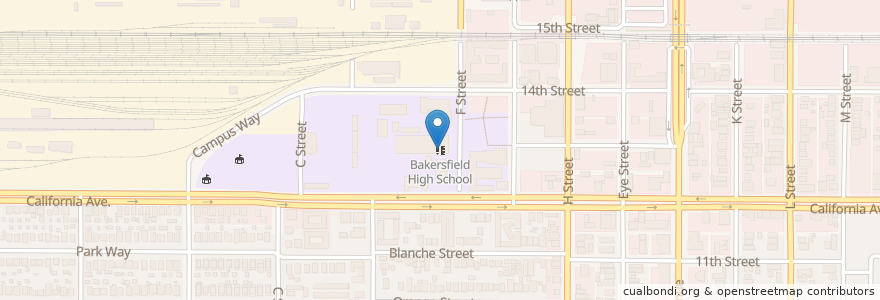Mapa de ubicacion de Bakersfield High School en 美利坚合众国/美利堅合眾國, 加利福尼亚州/加利福尼亞州, Kern County, Bakersfield.