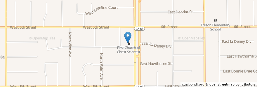 Mapa de ubicacion de First Church of Christ Scientist en 미국, 캘리포니아주, San Bernardino County, Ontario.