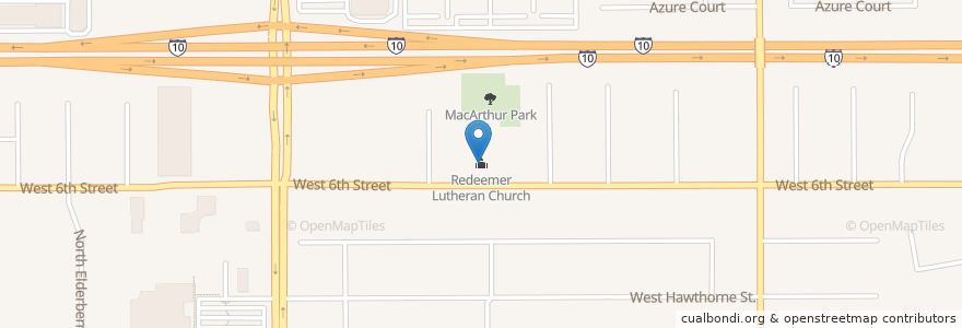 Mapa de ubicacion de Redeemer Lutheran Church en アメリカ合衆国, カリフォルニア州, San Bernardino County, Ontario.