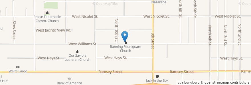 Mapa de ubicacion de Banning Foursquare Church en Amerika Birleşik Devletleri, Kaliforniya, Riverside County, Banning.