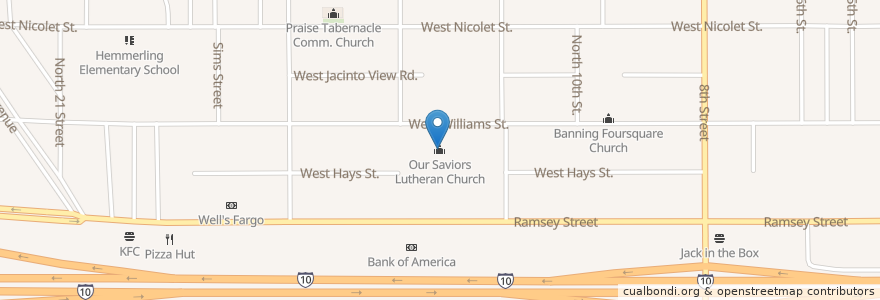 Mapa de ubicacion de Our Saviors Lutheran Church en الولايات المتّحدة الأمريكيّة, كاليفورنيا, Riverside County, بانينغ، ريفيرسيدي، كاليفورنيا.