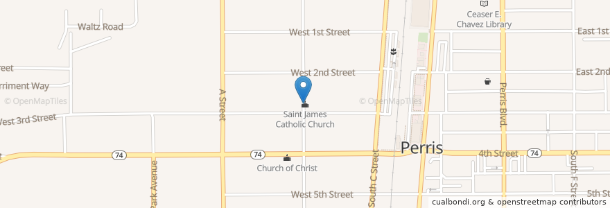 Mapa de ubicacion de Saint James Catholic Church en アメリカ合衆国, カリフォルニア州, Riverside County, Perris.
