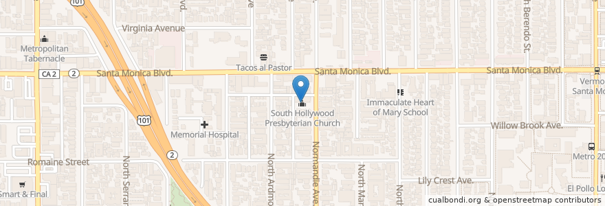 Mapa de ubicacion de South Hollywood Presbyterian Church en 미국, 캘리포니아주, Los Angeles County, 로스앤젤레스.