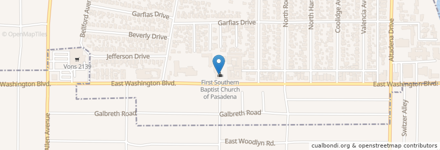 Mapa de ubicacion de First Southern Baptist Church of Pasadena en Estados Unidos Da América, Califórnia, Los Angeles County.