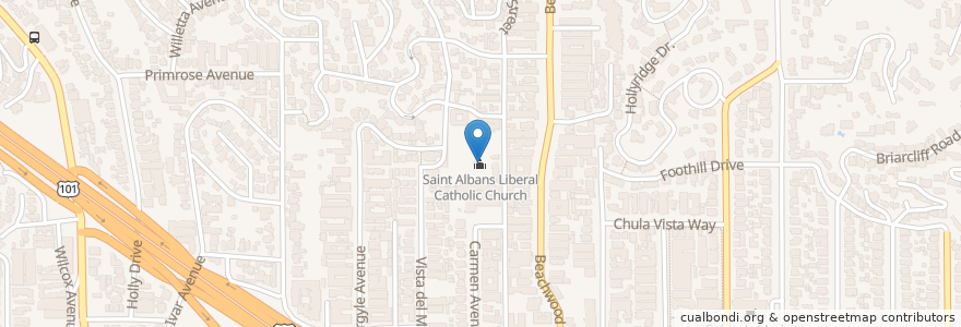 Mapa de ubicacion de Saint Albans Liberal Catholic Church en アメリカ合衆国, カリフォルニア州, Los Angeles County, ロサンゼルス.