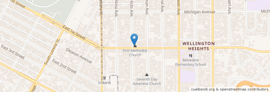 Mapa de ubicacion de First Methodist Church en 미국, 캘리포니아주, Los Angeles County.