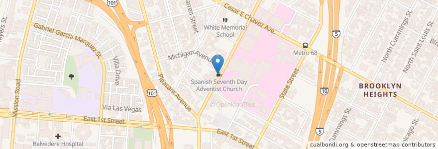 Mapa de ubicacion de Spanish Seventh Day Adventist Church en 미국, 캘리포니아주, Los Angeles County, 로스앤젤레스.