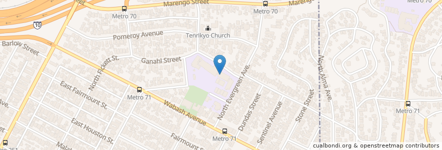 Mapa de ubicacion de Evergreen Elementary School en 미국, 캘리포니아주, Los Angeles County, 로스앤젤레스.
