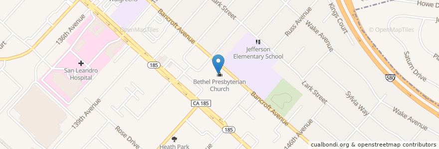 Mapa de ubicacion de Bethel Presbyterian Church en 美利坚合众国/美利堅合眾國, 加利福尼亚州/加利福尼亞州, 阿拉梅达县/阿拉米達縣/阿拉米達郡, San Leandro.