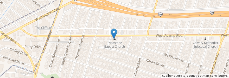 Mapa de ubicacion de Triedstone Baptist Church en 미국, 캘리포니아주, Los Angeles County, 로스앤젤레스.