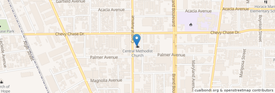 Mapa de ubicacion de Central Methodist Church en 美利坚合众国/美利堅合眾國, 加利福尼亚州/加利福尼亞州, 洛杉矶县, Glendale.
