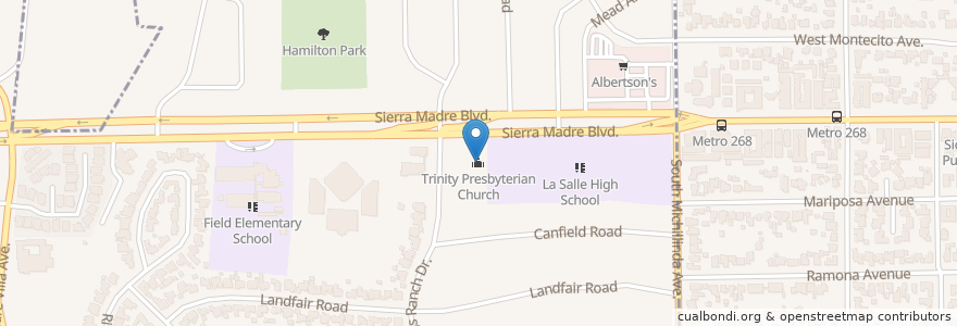 Mapa de ubicacion de Trinity Presbyterian Church en アメリカ合衆国, カリフォルニア州, Los Angeles County, Pasadena.