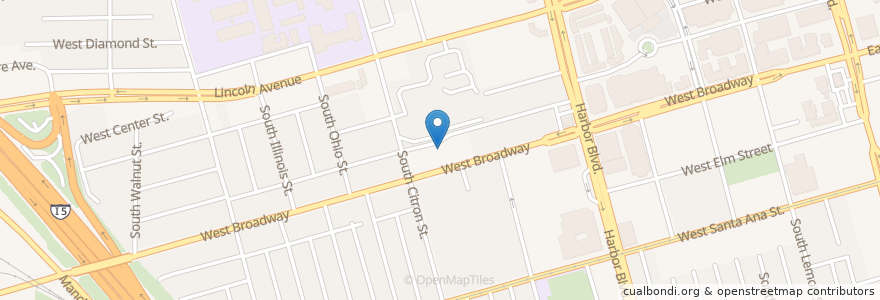 Mapa de ubicacion de Portico Church Anaheim en アメリカ合衆国, カリフォルニア州, Orange County, Anaheim.