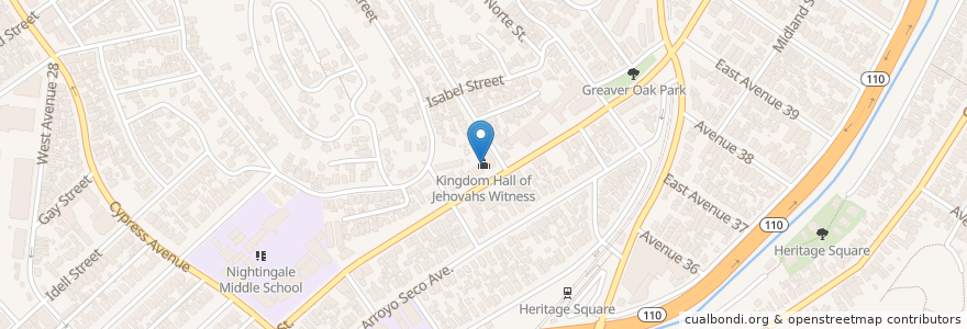 Mapa de ubicacion de Kingdom Hall of Jehovahs Witness en アメリカ合衆国, カリフォルニア州, Los Angeles County, ロサンゼルス.