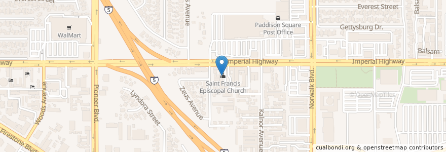 Mapa de ubicacion de Saint Francis Episcopal Church en 美利坚合众国/美利堅合眾國, 加利福尼亚州/加利福尼亞州, 洛杉矶县, Norwalk.