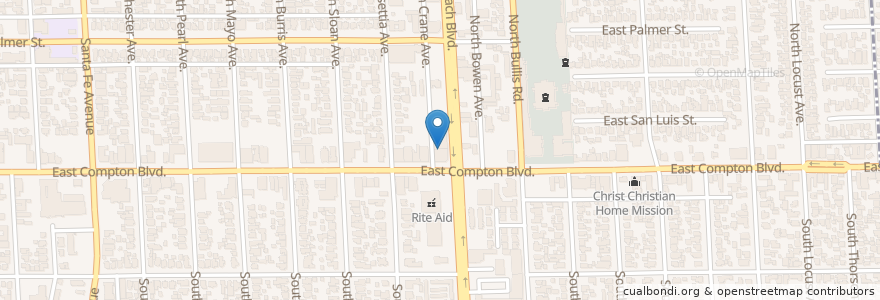 Mapa de ubicacion de Power of Faith Missionary Baptist Church en United States, California, Los Angeles County, Compton.