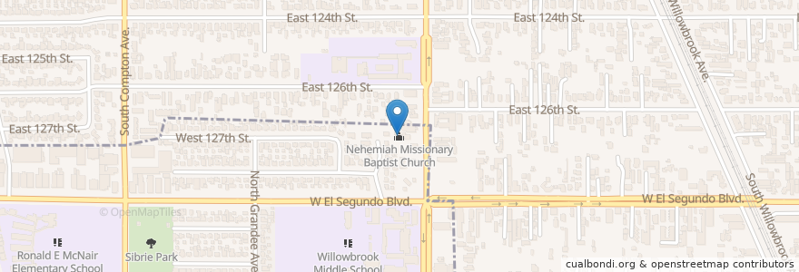 Mapa de ubicacion de Nehemiah Missionary Baptist Church en ایالات متحده آمریکا, کالیفرنیا, Los Angeles County.