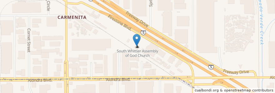 Mapa de ubicacion de South Whittier Assembly of God Church en الولايات المتّحدة الأمريكيّة, كاليفورنيا, مقاطعة لوس أنجلس, Santa Fe Springs.