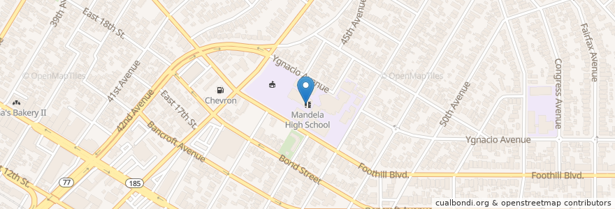 Mapa de ubicacion de Mandela High School en Amerika Birleşik Devletleri, Kaliforniya, Alameda İlçesi, Oakland.