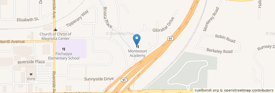 Mapa de ubicacion de Montessori Academy en Vereinigte Staaten Von Amerika, Kalifornien, Riverside County, Riverside.
