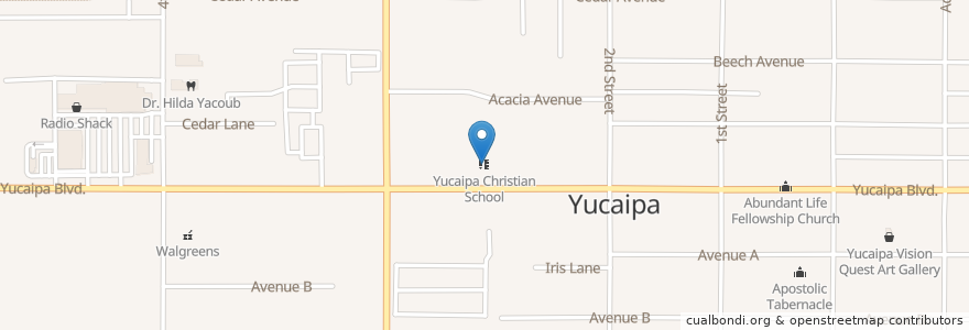 Mapa de ubicacion de Yucaipa Christian School en アメリカ合衆国, カリフォルニア州, San Bernardino County, Yucaipa.