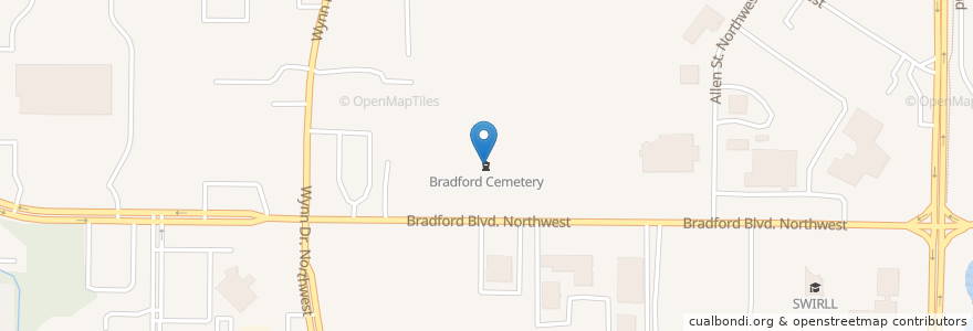 Mapa de ubicacion de Bradford Cemetery en Amerika Birleşik Devletleri, Alabama, Huntsville, Madison County.