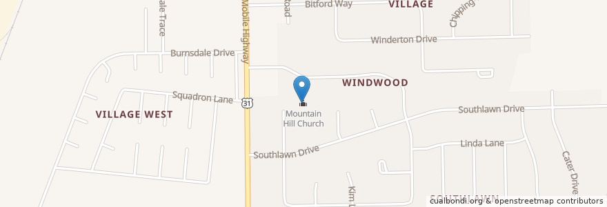 Mapa de ubicacion de Mountain Hill Church en アメリカ合衆国, アラバマ州, Montgomery County, Montgomery.