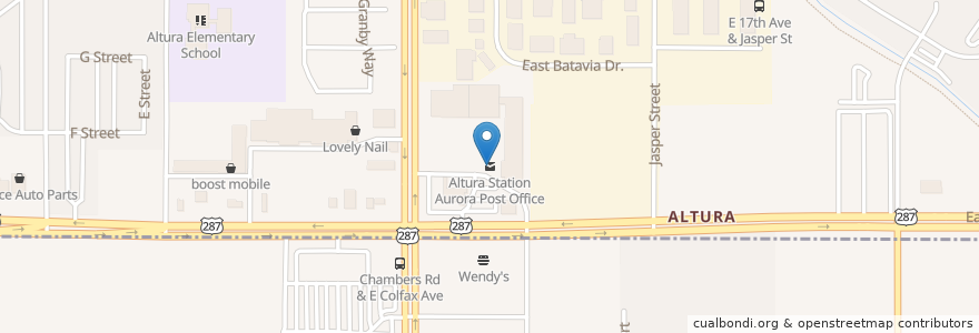 Mapa de ubicacion de Altura Station Aurora Post Office en États-Unis D'Amérique, Colorado, Adams County, Aurora.