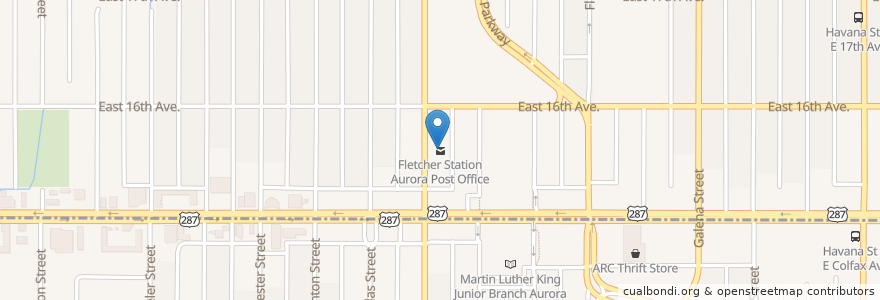 Mapa de ubicacion de Fletcher Station Aurora Post Office en Vereinigte Staaten Von Amerika, Colorado, Adams County, Aurora.