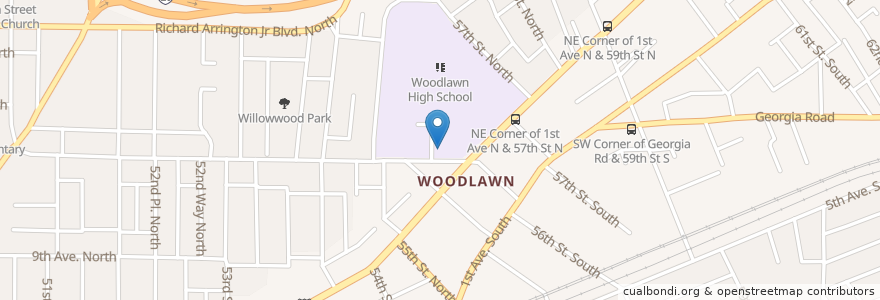 Mapa de ubicacion de Woodlawn Baptist Church en États-Unis D'Amérique, Alabama, Birmingham, Jefferson County.