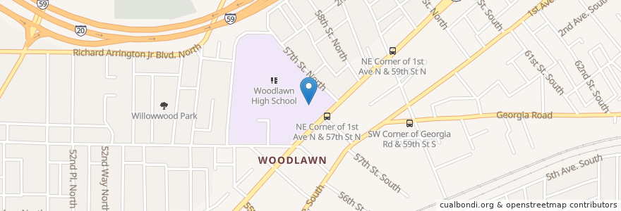 Mapa de ubicacion de Woodlawn Presbyterian Church en アメリカ合衆国, アラバマ州, Birmingham, Jefferson County.
