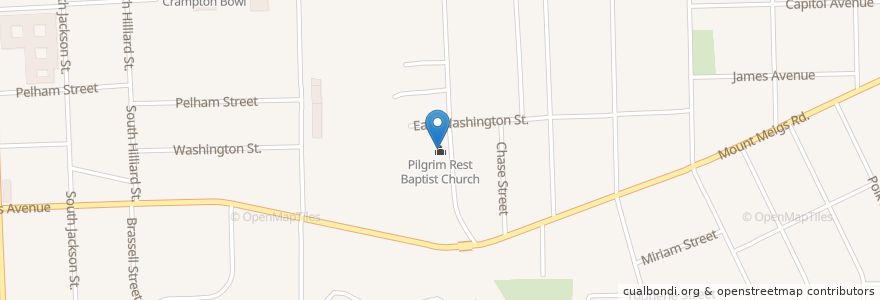 Mapa de ubicacion de Pilgrim Rest Baptist Church en アメリカ合衆国, アラバマ州, Montgomery County, Montgomery.