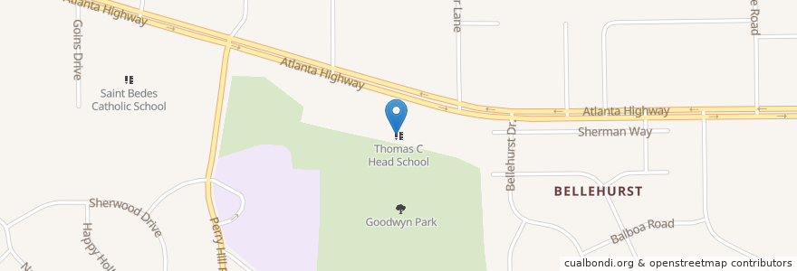 Mapa de ubicacion de Thomas C Head School en Amerika Birleşik Devletleri, Alabama, Montgomery County, Montgomery.