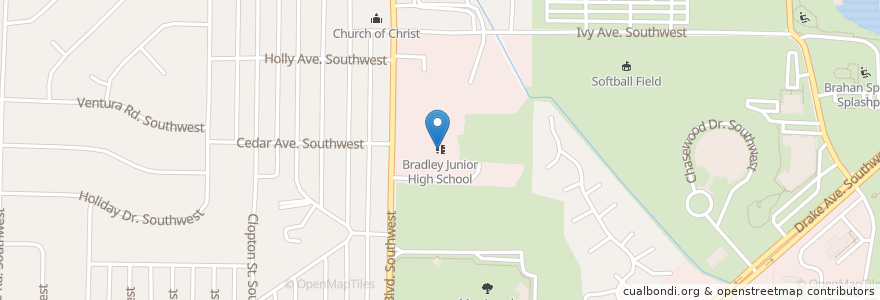 Mapa de ubicacion de Bradley Junior High School en ایالات متحده آمریکا, آلاباما, Huntsville, Madison County.