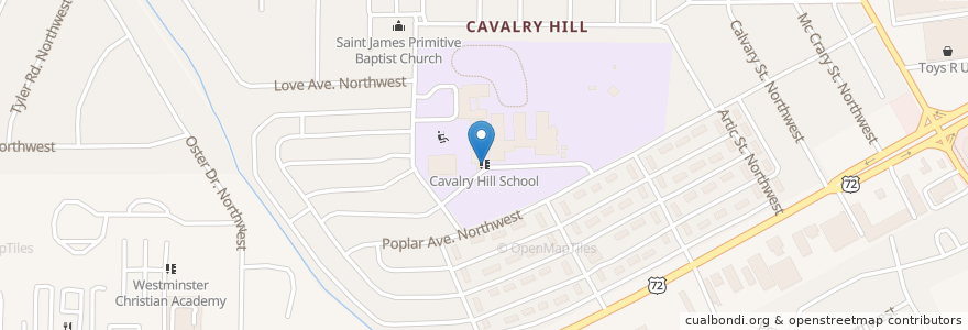 Mapa de ubicacion de Cavalry Hill School en アメリカ合衆国, アラバマ州, Huntsville, Madison County.